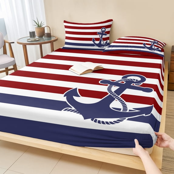 Queen Size Fitted Sheet Set - Anchor Red 3 Piece Bedding Sets 16" Deep Pocket Fitted Sheet with 2 Pillowcases, Modern Navy Blue White Striped Nautical Brushed Microfiber Hotel Luxury Bed Sheets