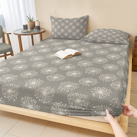 Queen Size Fitted Sheet Set - Beige Gray Dandelion 3 Piece Bedding Sets 16" Deep Pocket Fitted Sheet with 2 Pillowcases, Farmhouse Botanical Blossom Brushed Microfiber Hotel Luxury Bed Sheets