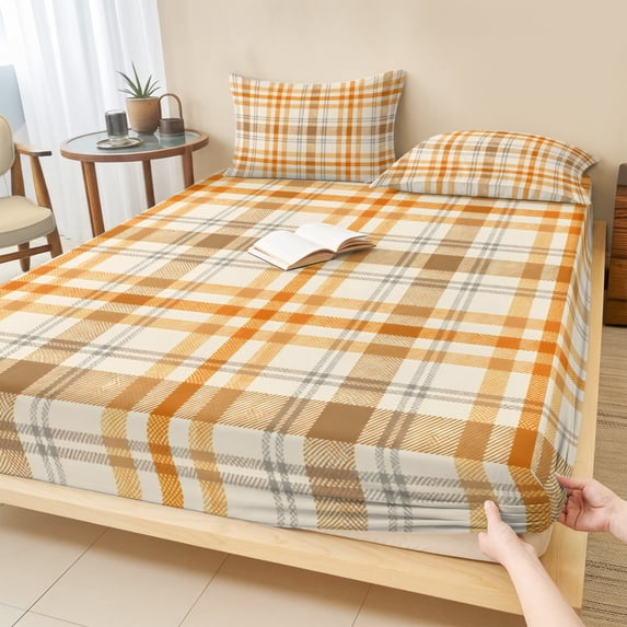 Queen Size Fitted Sheet Set - Beige Orange Plaid 3 Piece Bedding Sets 16" Deep Pocket Fitted Sheet with 2 Pillowcases, Modern Farmhouse Brown Checkered Brushed Microfiber Hotel Luxury Bed Sheets