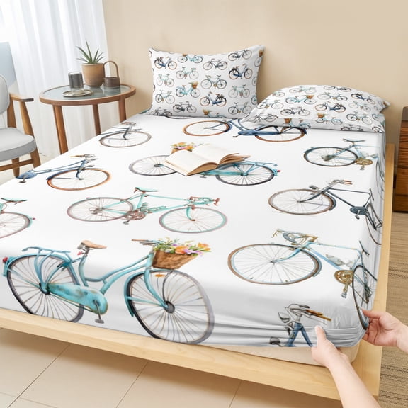 Queen Size Fitted Sheet Set - Bicycles 3 Piece Bedding Sets 16" Deep Pocket Fitted Sheet with 2 Pillowcases, White Vintage Vehicle Modern Abstract Art Brushed Microfiber Hotel Luxury Bed Sheets