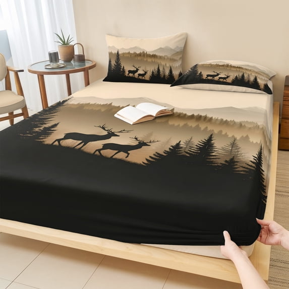Queen Size Fitted Sheet Set - Black Forest 3 Piece Bedding Sets 16" Deep Pocket Fitted Sheet with 2 Pillowcases, Deer Silhouettes Foggy Grey Pine Tree Brushed Microfiber Hotel Luxury Bed Sheets