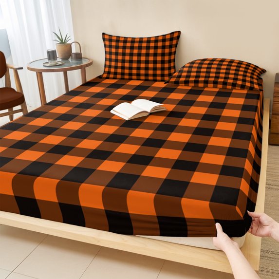 Queen Size Fitted Sheet Set - Black Orange Plaid 3 Piece Bedding Sets 16" Deep Pocket Fitted Sheet with 2 Pillowcases, Farmhouse Buffalo Check Gingham Brushed Microfiber Hotel Luxury Bed Sheets