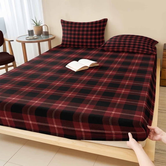 Queen Size Fitted Sheet Set - Black Red Buffalo Plaid 3 Piece Bedding Sets 16" Deep Pocket Fitted Sheet with 2 Pillowcases, Geometric Classic Checkered Brushed Microfiber Hotel Luxury Bed Sheets