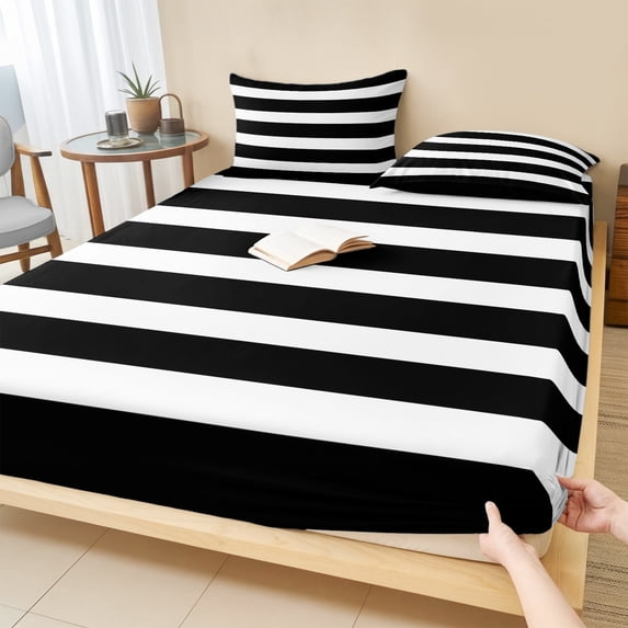Queen Size Fitted Sheet Set - Black Striped 3 Piece Bedding Sets 16" Deep Pocket Fitted Sheet with 2 Pillowcases, Modern Simple Monochrome Geometric White Brushed Microfiber Hotel Luxury Bed Sheets