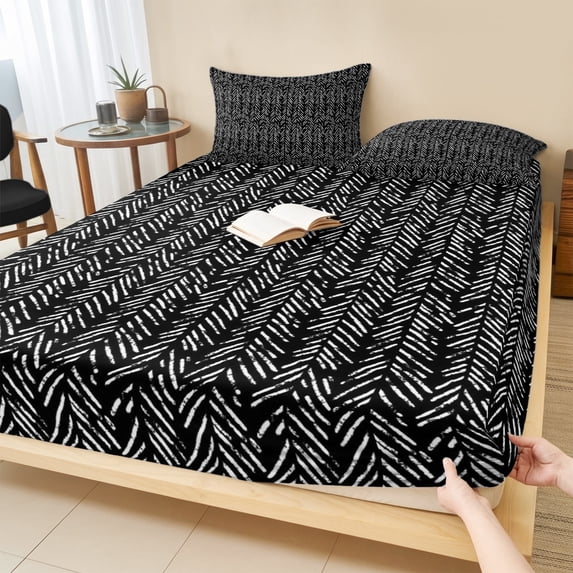 Queen Size Fitted Sheet Set - Black White Striped 3 Piece Bedding Sets 16" Deep Pocket Fitted Sheet with 2 Pillowcases, Abstract Modern Art Irregular Stripe Brushed Microfiber Hotel Luxury Bed Sheets