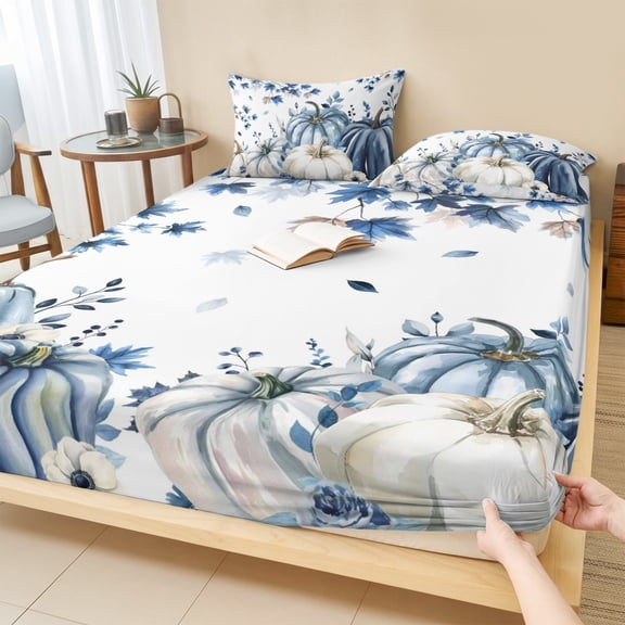 Queen Size Fitted Sheet Set - Blue Fall Pumpkins 3 Piece Bedding Sets 16" Deep Pocket Fitted Sheet with 2 Pillowcases, Maple Leaf Tree Thanksgiving Autumn Brushed Microfiber Hotel Luxury Bed Sheets