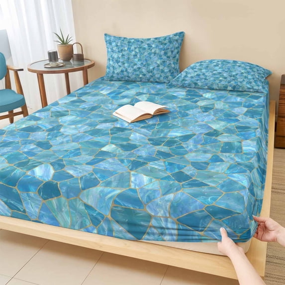 Queen Size Fitted Sheet Set - Blue Geometric 3 Piece Bedding Sets 16" Deep Pocket Fitted Sheet with 2 Pillowcases, Country Chic Abstract Gradient Motifs Brushed Microfiber Hotel Luxury Bed Sheets