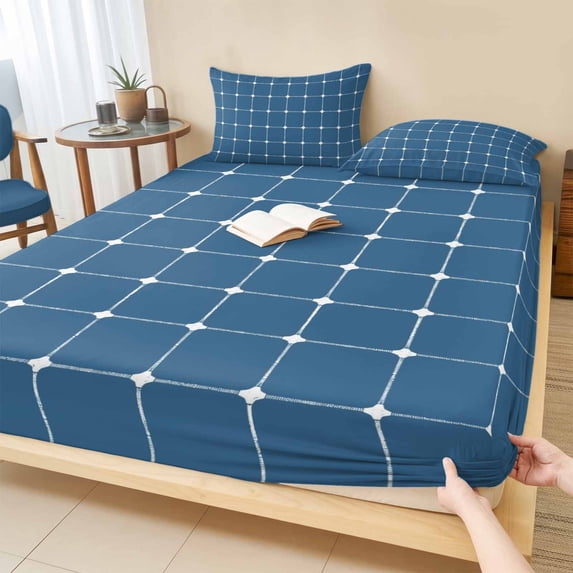 Queen Size Fitted Sheet Set - Blue Gingham 3 Piece Bedding Sets 16" Deep Pocket Fitted Sheet with 2 Pillowcases, Modern Minimalist Geometric Plaid Brushed Microfiber Hotel Luxury Bed Sheets