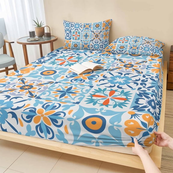 Queen Size Fitted Sheet Set - Blue Mediterranean 3 Piece Bedding Sets 16" Deep Pocket Fitted Sheet with 2 Pillowcases, Vintage Moroccan Tiles Texture Brushed Microfiber Hotel Luxury Bed Sheets