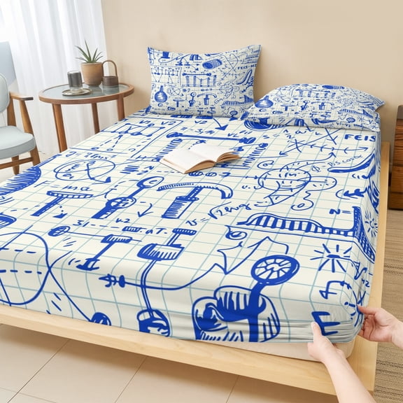 Queen Size Fitted Sheet Set - Blue Physics 3 Piece Bedding Sets 16" Deep Pocket Fitted Sheet with 2 Pillowcases, Model Laboratory Formula Equations Plaid Brushed Microfiber Hotel Luxury Bed Sheets