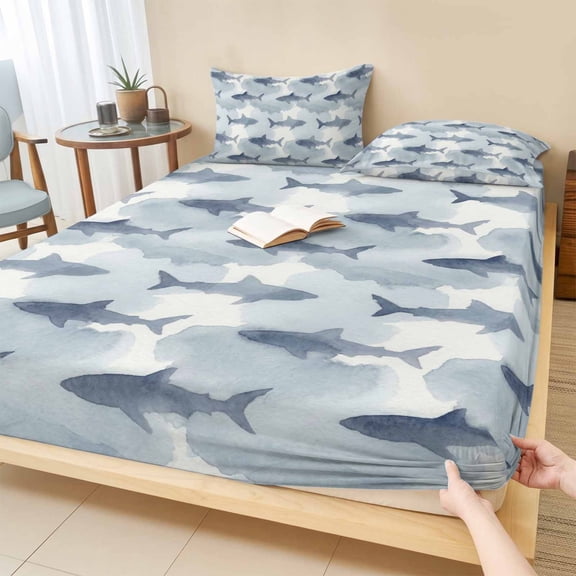 Queen Size Fitted Sheet Set - Blue Sharks Coastal 3 Piece Bedding Sets 16" Deep Pocket Fitted Sheet with 2 Pillowcases, Summer Beach Ocean Nautical Brushed Microfiber Hotel Luxury Bed Sheets