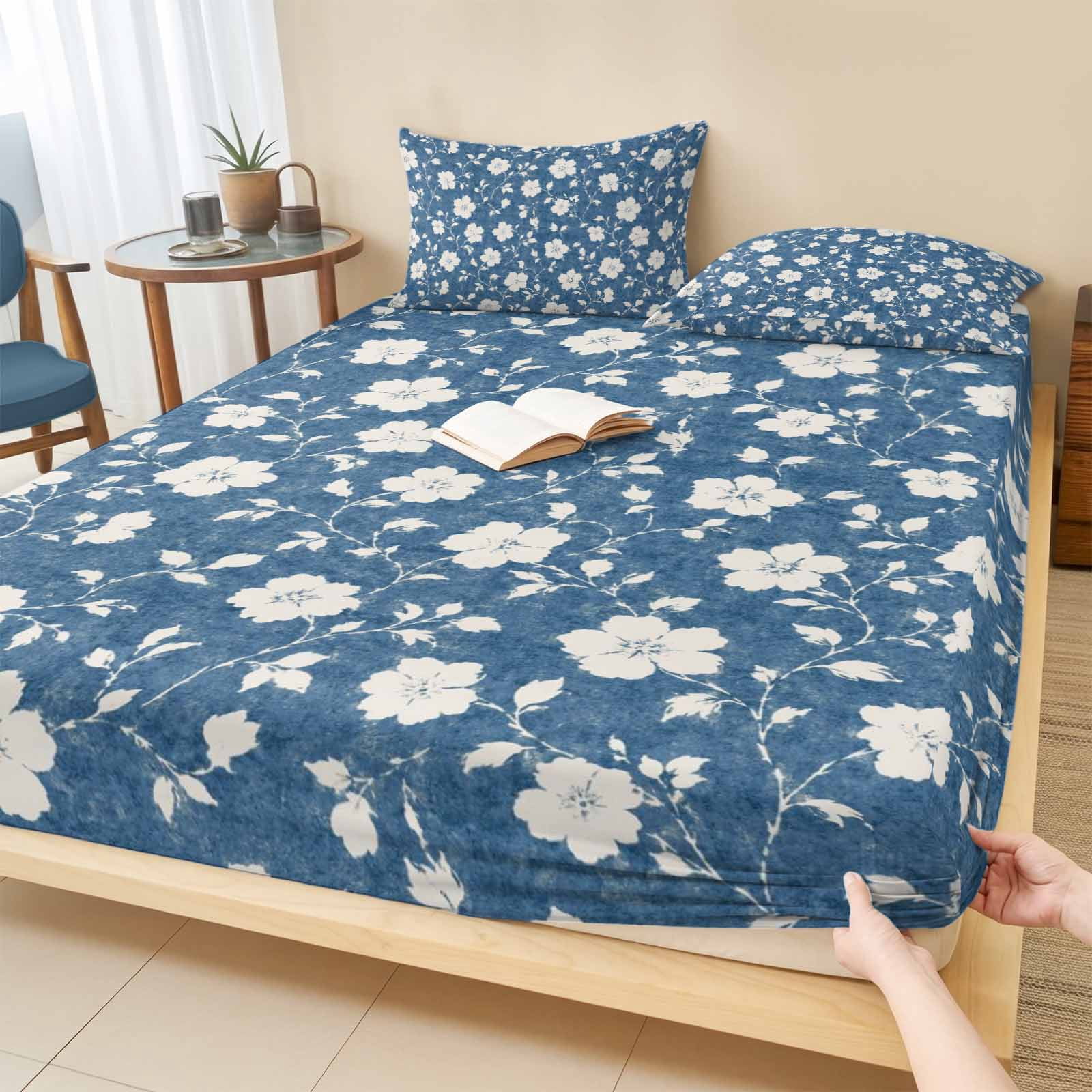 Service Spring Sheet Queen Size Fitted Sheet Set - Blue Spring Floral 3 Piece Bedding Sets ...