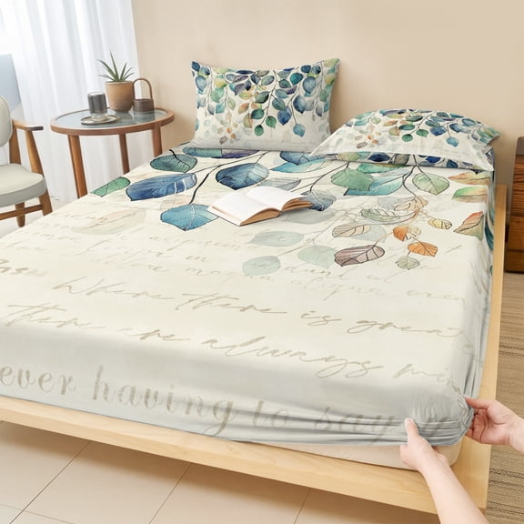 Queen Size Fitted Sheet Set - Blue Teal Botanical 3 Piece Bedding Sets 16" Deep Pocket Fitted Sheet with 2 Pillowcases, Weeping Fall Eucalyptus Leaves Rustic Brushed Microfiber Hotel Bed Sheets