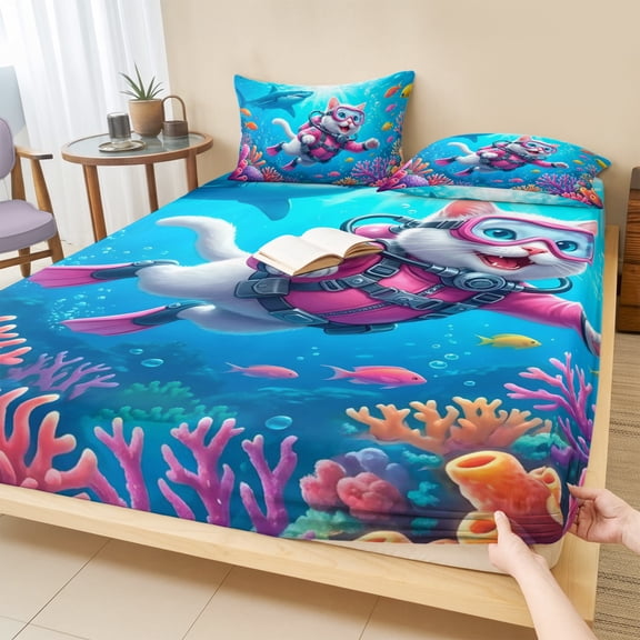 Queen Size Fitted Sheet Set - Blue Tropical Ocean 3 Piece Bedding Sets 16" Deep Pocket Fitted Sheet with 2 Pillowcases, Fantasy Diving Cat Coastal Shark Coral Brushed Microfiber Hotel Bed Sheets