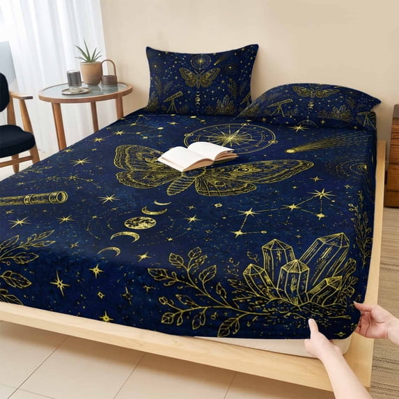 Queen Size Fitted Sheet Set - Blue Yellow Abstract 3 Piece Bedding Sets 16" Deep Pocket Fitted Sheet with 2 Pillowcases, Mystical Butterfly Star Botanical Leaves Brushed Microfiber Hotel Bed Sheets