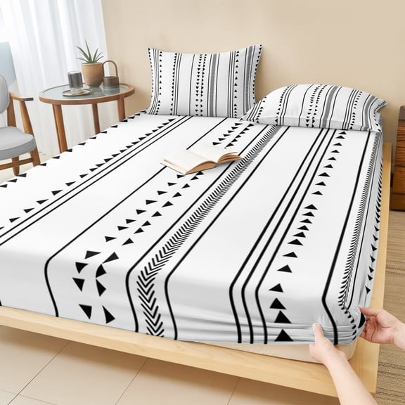 Queen Size Fitted Sheet Set - Boho Black Stripes 3 Piece Bedding Sets 16" Deep Pocket Fitted Sheet with 2 Pillowcases, Triangle Arrow Geometric Abstract Art Brushed Microfiber Hotel Luxury Bed Sheets