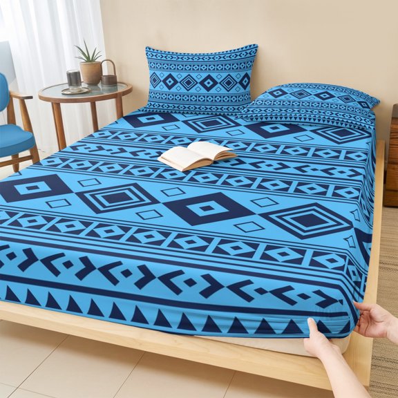 Queen Size Fitted Sheet Set - Boho Ethnic Tribe 3 Piece Bedding Sets 16" Deep Pocket Fitted Sheet with 2 Pillowcases, Azure Blue Zen Southwest Middle Century Brushed Microfiber Hotel Bed Sheets