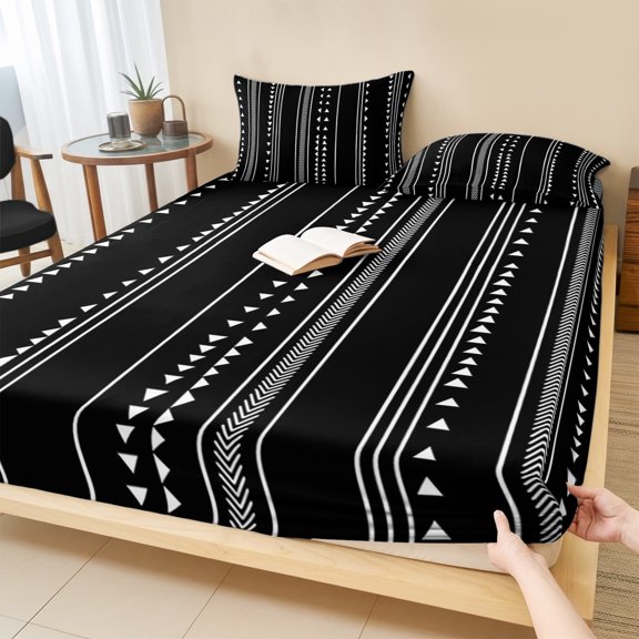 Queen Size Fitted Sheet Set - Boho White Stripes 3 Piece Bedding Sets 16" Deep Pocket Fitted Sheet with 2 Pillowcases, Triangle Arrow Geometric Abstract Art Brushed Microfiber Hotel Luxury Bed Sheets