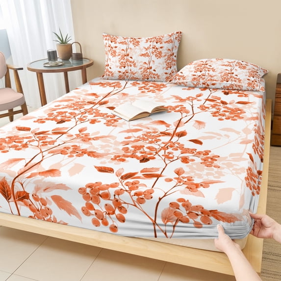 Queen Size Fitted Sheet Set - Burnt Orange Botanical 3 Piece Bedding Sets 16" Deep Pocket Fitted Sheet with 2 Pillowcases, Vintage Nature Flower Brushed Microfiber Hotel Luxury Bed Sheets