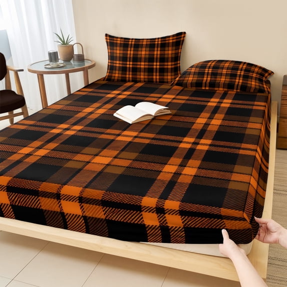 Queen Size Fitted Sheet Set - Burnt Orange Plaid 3 Piece Bedding Sets 16" Deep Pocket Fitted Sheet with 2 Pillowcases, Farmhouse Retro Black Checkered Brushed Microfiber Hotel Luxury Bed Sheets