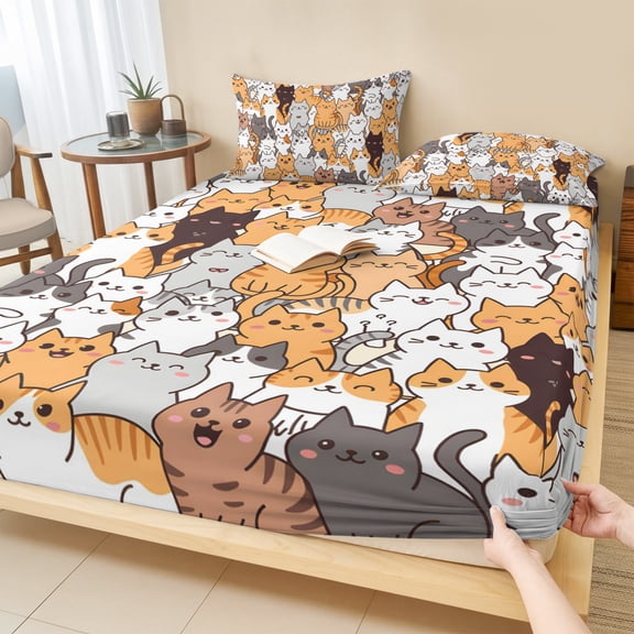 Queen Size Fitted Sheet Set - Cartoon Cat 3 Piece Bedding Sets 16" Deep Pocket Fitted Sheet with 2 Pillowcases, Modern Funny Cute Orange Gray Animals Brushed Microfiber Hotel Luxury Bed Sheets