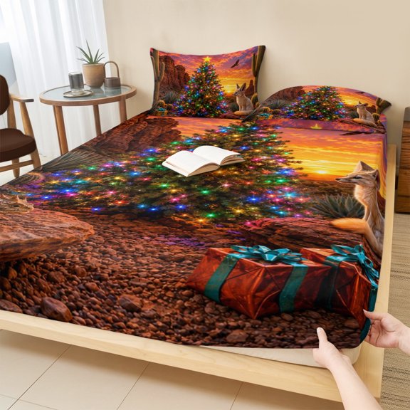 Queen Size Fitted Sheet Set - Christmas 3 Piece Bedding Sets 16" Deep Pocket Fitted Sheet with 2 Pillowcases, Xmas Tree Santa Fox Gifts Desert Cactus Sunset Brushed Microfiber Hotel Luxury Bed Sheets