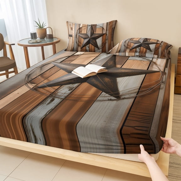 Queen Size Fitted Sheet Set - Country Star Brown 3 Piece Bedding Sets 16" Deep Pocket Fitted Sheet with 2 Pillowcases, Western Texas Vintage Farmhouse Wooden Brushed Microfiber Hotel Bed Sheets