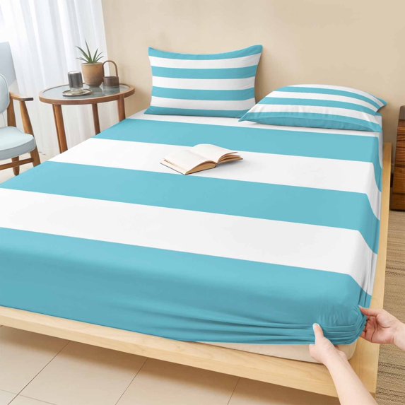 Queen Size Fitted Sheet Set - Cyan Blue Striped 3 Piece Bedding Sets 16" Deep Pocket Fitted Sheet with 2 Pillowcases, Modern Blue Stripes Farmhouse Brushed Microfiber Hotel Luxury Bed Sheets