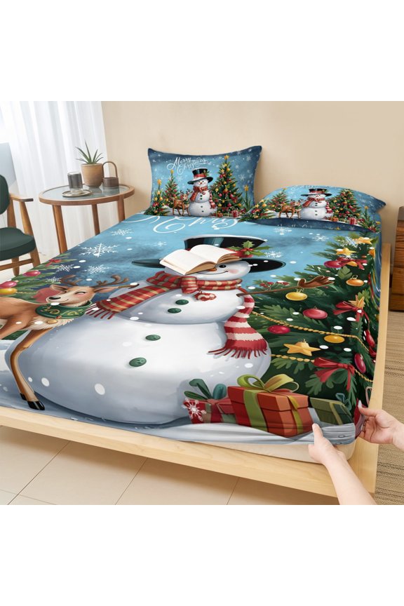 Queen Size Fitted Sheet Set - Dark Blue Christmas 3 Piece Bedding Sets 16" Deep Pocket Fitted Sheet with 2 Pillowcases, Snowman Xmas Tree Snowflake Gifts Elk Brushed Microfiber Hotel Bed Sheets