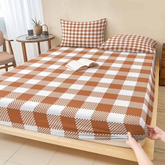 Queen Size Fitted Sheet Set - Dark Orange Checkered 3 Piece Bedding Sets 16" Deep Pocket Fitted Sheet with 2 Pillowcases, Fall Farmhouse Rustic Buffalo Plaid Brushed Microfiber Hotel Bed Sheets