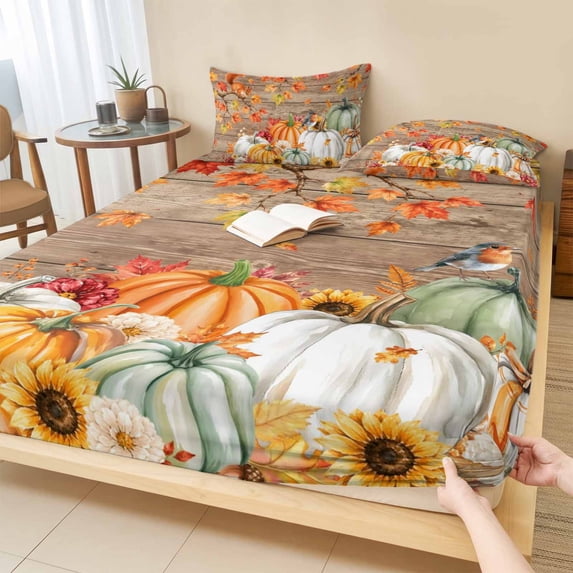 Queen Size Fitted Sheet Set - Fall Maple Leaf 3 Piece Bedding Sets 16" Deep Pocket Fitted Sheet with 2 Pillowcases, Thanksgiving Pumpkins Squirrel Brown Wooden Brushed Microfiber Hotel Bed Sheets