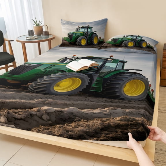 Queen Size Fitted Sheet Set - Farm Tractor 3 Piece Bedding Sets 16" Deep Pocket Fitted Sheet with 2 Pillowcases, Green Truck Country Rustic Field Harvester Brushed Microfiber Hotel Luxury Bed Sheets