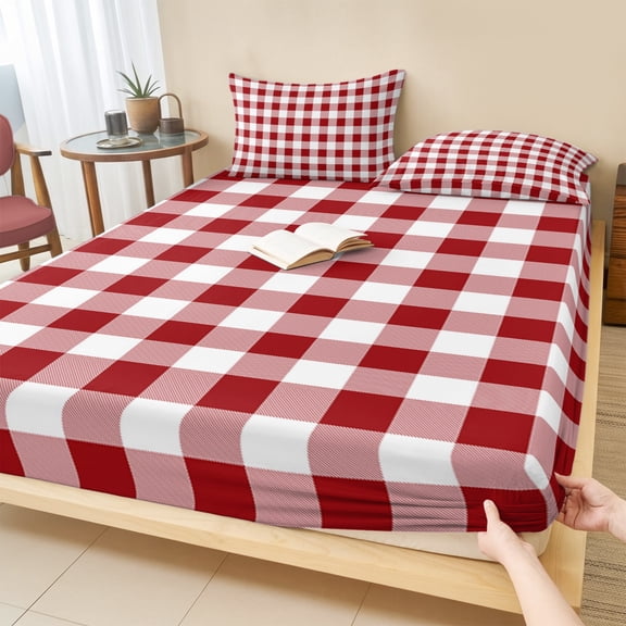 Queen Size Fitted Sheet Set - Farmhouse Buffalo Plaid 3 Piece Bedding Sets 16" Deep Pocket Fitted Sheet with 2 Pillowcases, Red White Checkered Brushed Microfiber Hotel Luxury Bed Sheets