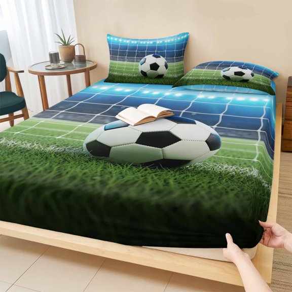Queen Size Fitted Sheet Set - Football Games 3 Piece Bedding Sets 16" Deep Pocket Fitted Sheet with 2 Pillowcases, Modern Stadium Ball Sports Goal Brushed Microfiber Hotel Luxury Bed Sheets