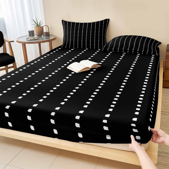 Queen Size Fitted Sheet Set - Geometric Stripes 3 Piece Bedding Sets 16" Deep Pocket Fitted Sheet with 2 Pillowcases, Polka Dots Abstract Minimalist Black Brushed Microfiber Hotel Luxury Bed Sheets
