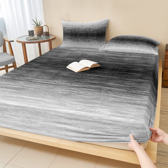 Queen Size Fitted Sheet Set - Gradient Black 3 Piece Bedding Sets 16" Deep Pocket Fitted Sheet with 2 Pillowcases, Abstract Modern Ombre Stripes Minimalist Art Microfiber Hotel Luxury Bed Sheets