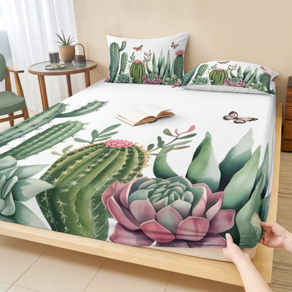Queen Size Fitted Sheet Set - Green Cactus 3 Piece Bedding Sets 16" Deep Pocket Fitted Sheet with 2 Pillowcases, Tropical Summer Botanical Watercolor Brushed Microfiber Hotel Luxury Bed Sheets
