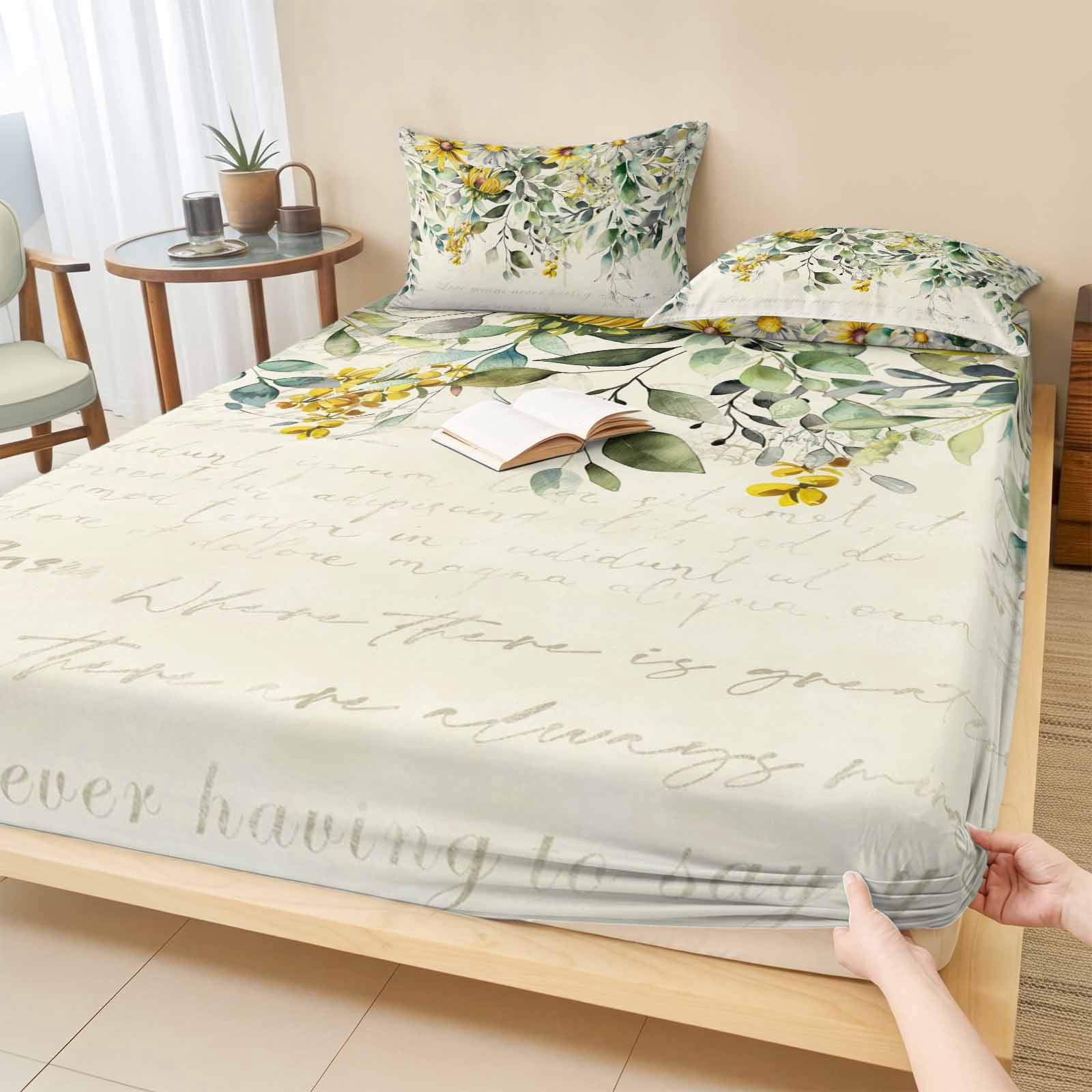 Queen Size Fitted Sheet Set - Green Eucalyptus Leaves 3 Piece Bedding Sets 16" Deep Pocket Fitted Sheet with 2 Pillowcases, Retro Rustic Botanical Floral Brushed Microfiber Hotel Luxury Bed Sheets