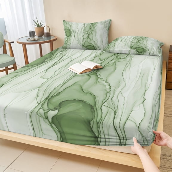 Queen Size Fitted Sheet Set - Green Marble 3 Piece Bedding Sets 16" Deep Pocket Fitted Sheet with 2 Pillowcases, Modern Abstract Luxury Fluid Artwork Brushed Microfiber Hotel Luxury Bed Sheets