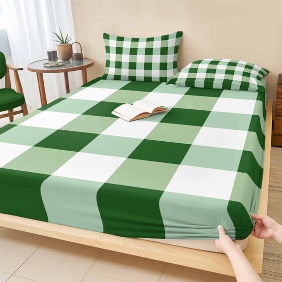 Queen Size Fitted Sheet Set - Green White Buffalo Check 3 Piece Bedding Sets 16" Deep Pocket Fitted Sheet with 2 Pillowcases, Farmhouse Plaid Modern Geometric Brushed Microfiber Luxury Bed Sheets