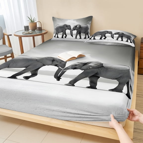 Queen Size Fitted Sheet Set - Grey Elephants 3 Piece Bedding Sets 16" Deep Pocket Fitted Sheet with 2 Pillowcases, Modern Art Animals Brushed Microfiber Hotel Luxury Bed Sheets