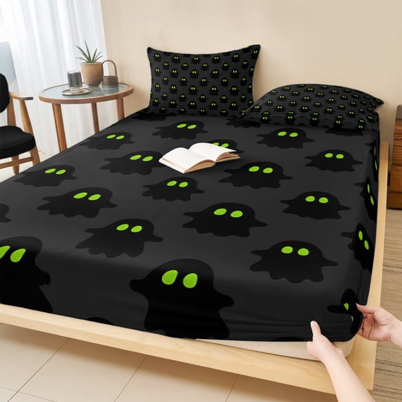 Queen Size Fitted Sheet Set - Halloween 3 Piece Bedding Sets 16" Deep Pocket Fitted Sheet with 2 Pillowcases, Black Spooky Green Eyes Ghost Floating Brushed Microfiber Hotel Luxury Bed Sheets