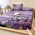 thumbnail image 1 of Queen Size Fitted Sheet Set - Halloween 3 Piece Bedding Sets 16" Deep Pocket Fitted Sheet with 2 Pillowcases, Fall Farmhouse Horror Floral Trees Wooden Purple Brushed Microfiber Hotel Bed Sheets, 1 of 9