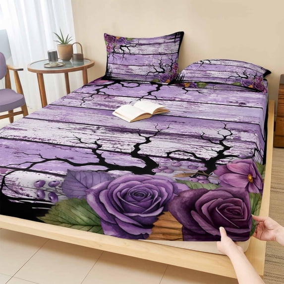 Queen Size Fitted Sheet Set - Halloween 3 Piece Bedding Sets 16" Deep Pocket Fitted Sheet with 2 Pillowcases, Fall Farmhouse Horror Floral Trees Wooden Purple Brushed Microfiber Hotel Bed Sheets