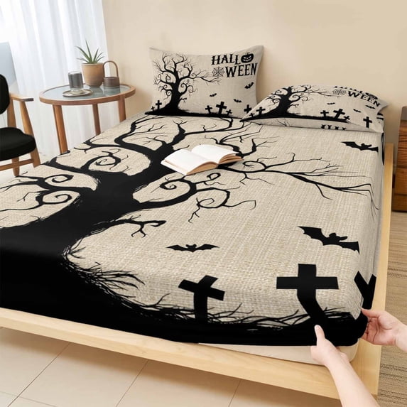Queen Size Fitted Sheet Set - Halloween 3 Piece Bedding Sets 16" Deep Pocket Fitted Sheet with 2 Pillowcases, Fall Rustic Trees Bats Pumpkins Horror Beige Brushed Microfiber Hotel Luxury Bed Sheets