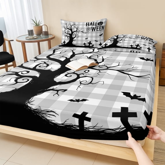 Queen Size Fitted Sheet Set - Halloween 3 Piece Bedding Sets 16" Deep Pocket Fitted Sheet with 2 Pillowcases, Horror Spooky Bats Trees Pumpkin Fall Plaid Gray Brushed Microfiber Hotel Bed Sheets