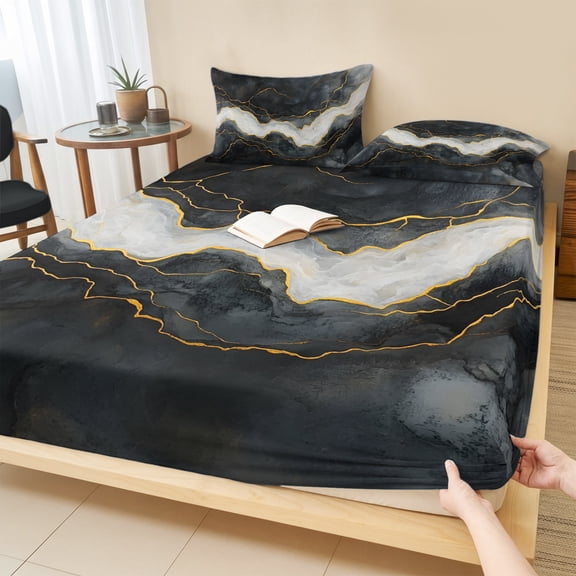 Queen Size Fitted Sheet Set - Marble 3 Piece Bedding Sets 16" Deep Pocket Fitted Sheet with 2 Pillowcases, Black Grey Modern Luxury Gold Brushed Microfiber Hotel Luxury Bed Sheets