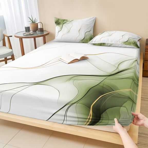 Queen Size Fitted Sheet Set - Marble Sage Green 3 Piece Bedding Sets 16" Deep Pocket Fitted Sheet with 2 Pillowcases, Gold White Modern Gradient Ocean Wavy Brushed Microfiber Hotel Luxury Bed Sheets