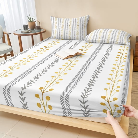 Queen Size Fitted Sheet Set - Modern Bohemia 3 Piece Bedding Sets 16" Deep Pocket Fitted Sheet with 2 Pillowcases, Spring Floral Leaves Lines Simple Rustic Brushed Microfiber Hotel Luxury Bed Sheets