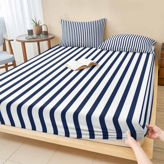 Queen Size Fitted Sheet Set - Navy Blue Vertical Striped 3 Piece Bedding Sets 16" Deep Pocket Fitted Sheet with 2 Pillowcases, Farmhouse Thin Line Stripes Brushed Microfiber Hotel Luxury Bed Sheets